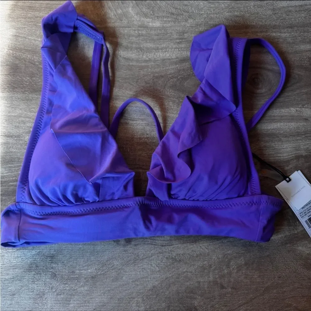 Shade & Shore Bikini Top Women’s Sm Ruffled Purple Swim Top Removable Pads NEW